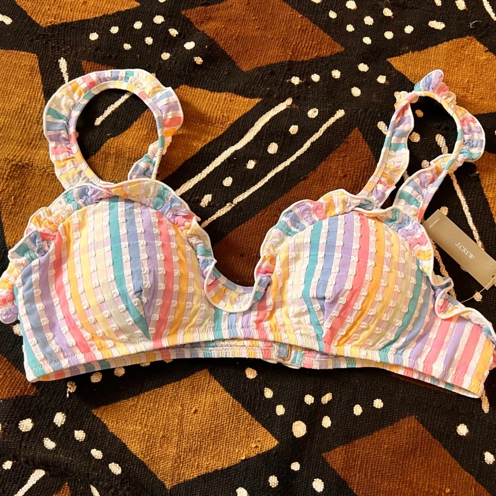 Ruffle french bikini top in rainbow seersucker - Picture 2 of 9